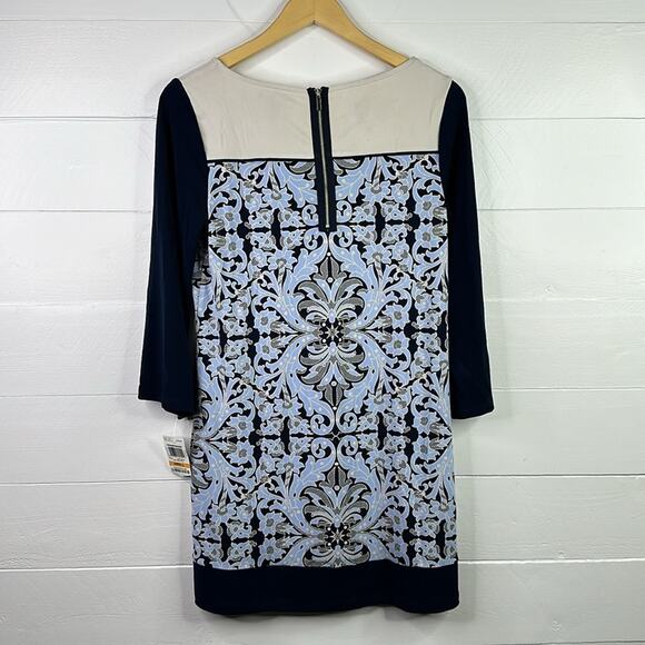 ALFANI Blue Cream Lace Overlay Zipper Back 3/4 Sleeve Mini Tunic Dress Small - Picture 2 of 11